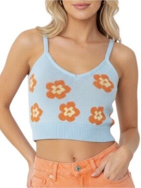 Zara Light Blue Orange Floral Knit Crop Tank Top